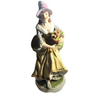 Lady Figurine Basket Of Flowers 8 inches Vtg Porcelain  yellow dress